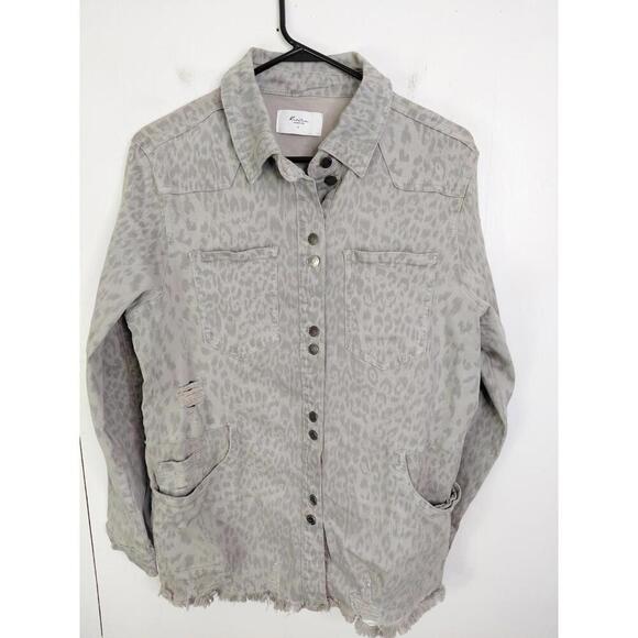 Kancan Jacket Womens Small Signature Leopard Gray Distressed Ripped Long Length - Picture 1 of 10